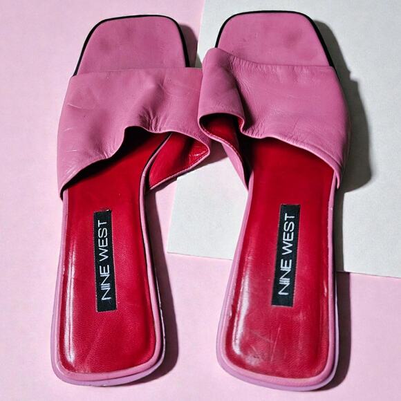 Nine West Shoes - Nine West Square Toe Slide Sandals Pink Leather Mules Y2K 90s Slip On Sz 8.5